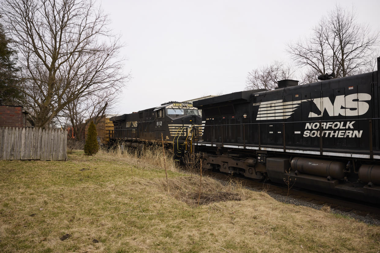 EAST PALESTINE, OH - FEBRUARY 14: A Norfolk Southern train is en route on February 14, 2023 in East Palestine, Ohio. Another train operated by the company derailed on February 3, releasing toxic fumes and forcing evacuation of residents. (Photo by Angelo Merendino/Getty Images)