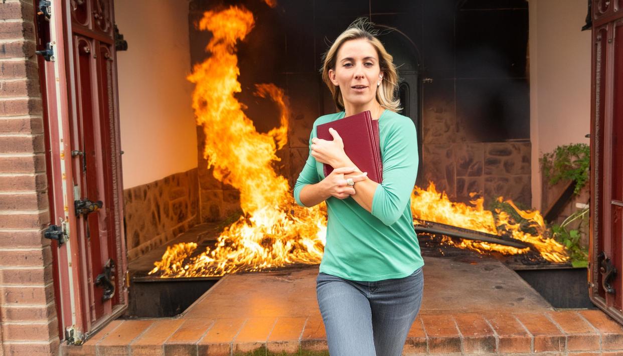  Woman running from burning building holding photo album . 