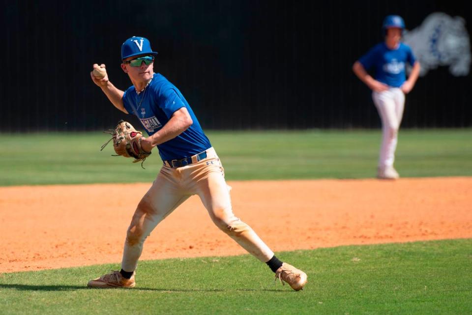Vancleave infielder Asher Henley throws the ball during practice at Vancleave High School in Vancleave on Tuesday, April 30, 2024.