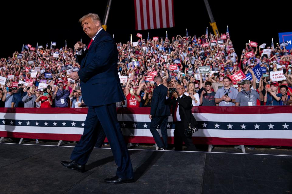 Donald Trump arrives for a campaign rally in Gastonia, NC, as he tries to secure the key swing state. (Copyright 2020 The Associated Press. All rights reserved)