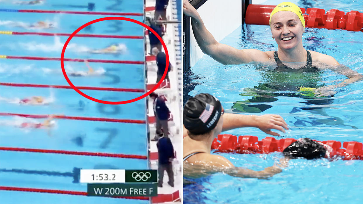 Ariarne Titmus (pictured right) celebrating with Katie Ledecky and (pictured left) winning the 400m freestyle in Tokyo.