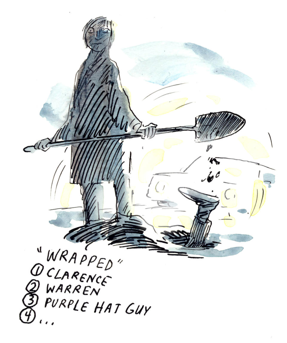 an image of a man with a shovel and a foot sticking out of the ground that reads "wrapped: 1) Clarence, 2) Warren, 3) Purple hat guy, 4) ..."