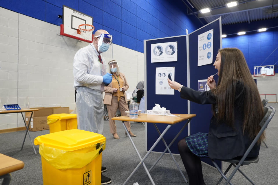 Children having Lateral Flow Tests at Our Lady and St Bede Catholic Academy in Stockton-on-Tees in County Durham, as pupils in England return to school for the first time in two months as part of the first stage of lockdown easing. Picture date: Monday March 8, 2021.