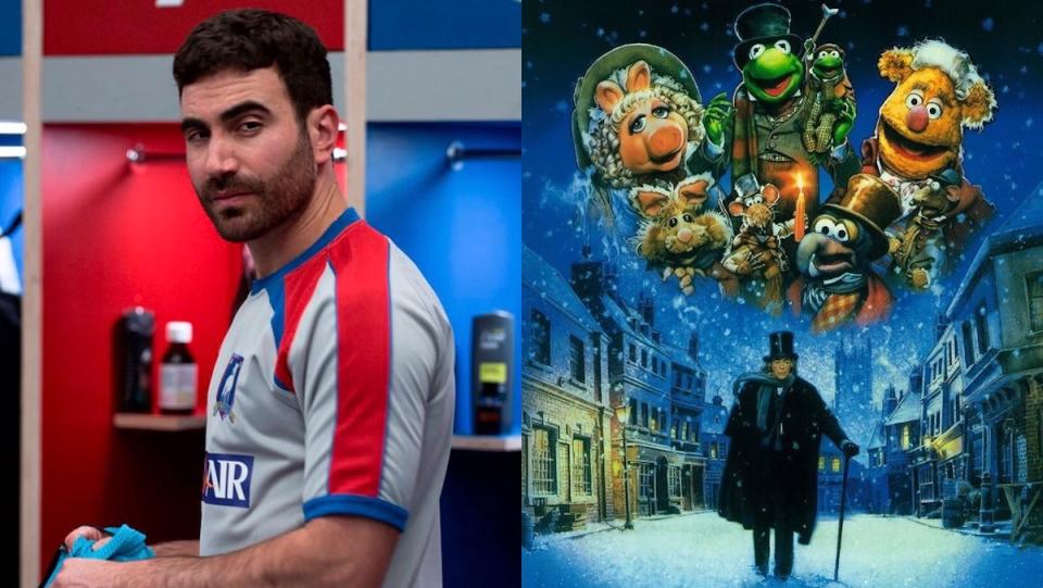 Roy Kent in uniform and a poster from The Muppets Christmas Carol with the Muppets on top and Michael Caine's Scrooge walking through the snow on the bottom