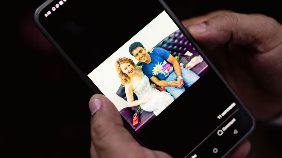 Shah shows a photo of himself with Australian actor and singer Kylie Minogue in Mumbai on April 14, 2024. - Noemi Cassanelli/CNN