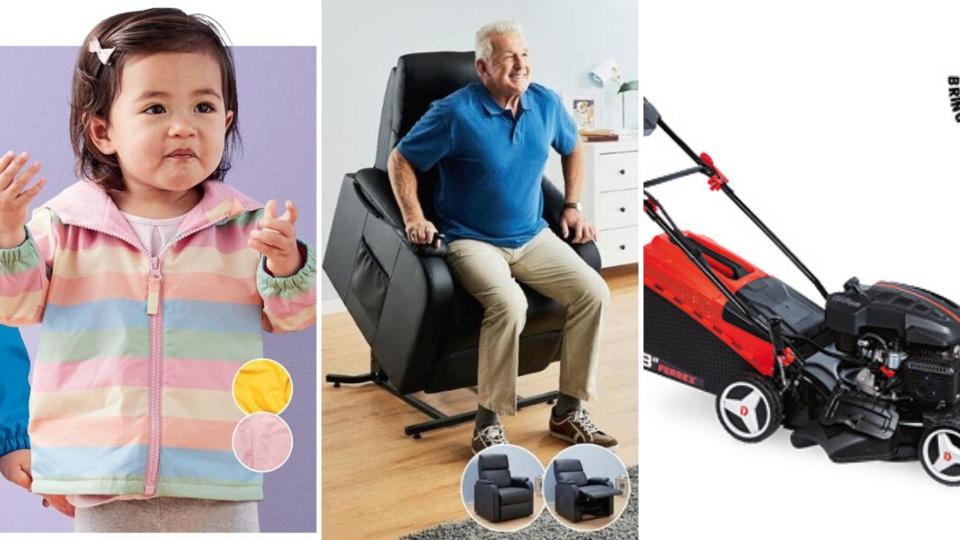 Children's clothing, an assisted living reclining chair and a lawnmower are all selling at Aldi as Special Buys.