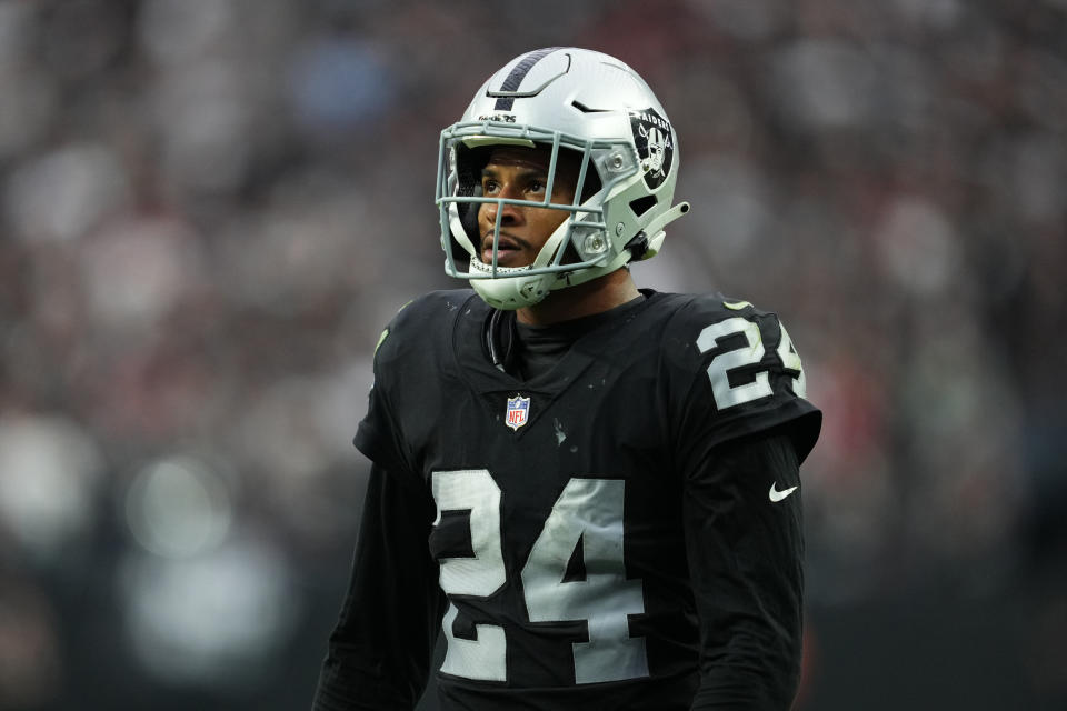 LAS VEGAS, NEVADA - SEPTEMBER 18:  Safety Johnathan Abram #24 of the Las Vegas Raiders prepares for a play during the second half of a game against the Arizona Cardinals at Allegiant Stadium on September 18, 2022 in Las Vegas, Nevada. (Photo by Chris Unger/Getty Images)
