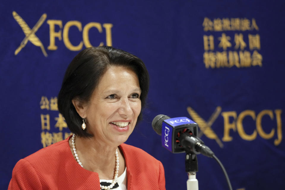 United Nations Secretary General's Special Envoy to Myanmar Christine Schraner Burgener speaks during a press conference Friday, May 28, 2021, in Tokyo. (AP Photo/Eugene Hoshiko)