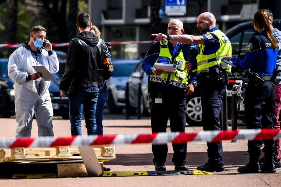 The Vaud cantonal police investigates at the scene of the tragedy where four people died and one was seriously injured after falling from their flat in Montreux, Switzerland, 24 March 2022.