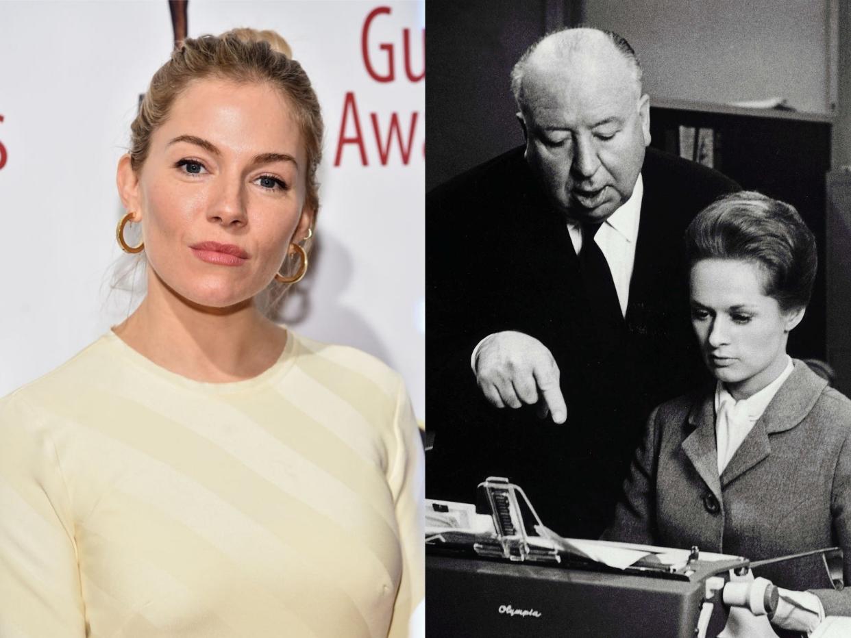 Sienna Miller in early 2020, and Alfred Hitchcock and Tippi Hedren on the set of ‘The Birds' (Jamie McCarthy/Getty/Universal/Kobal/Shutterstock)