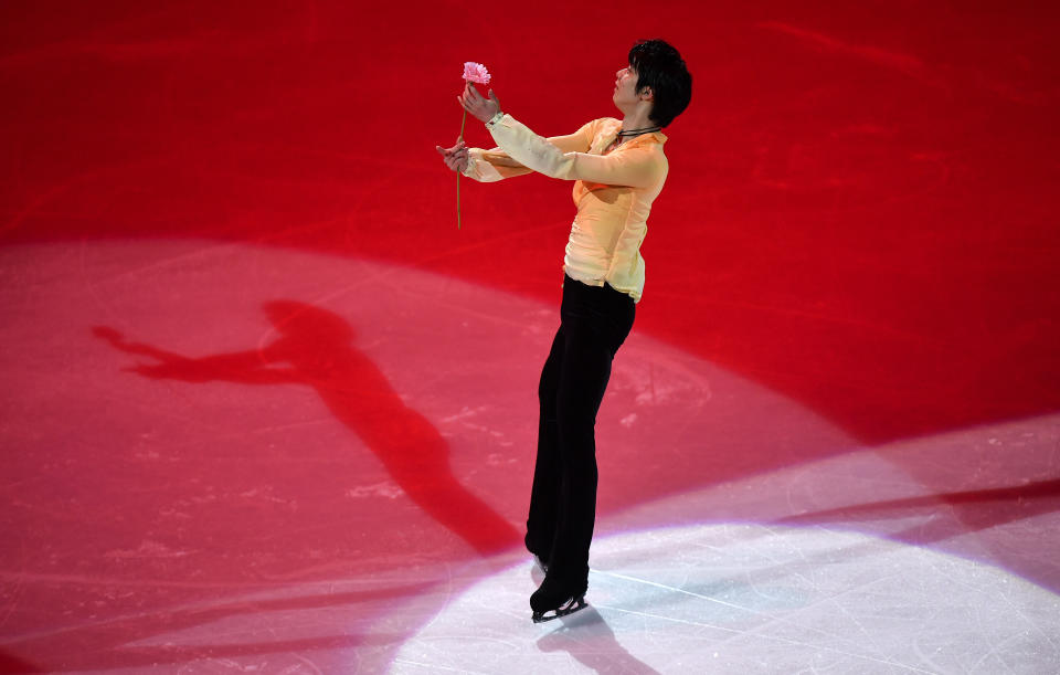 Yuzuru Hanyu of Japan performs during the Gala Exhibition at the Figure Skating World Championships in Stockholm, Sweden, Sunday, March 28, 2021. (AP Photo/Martin Meissner)