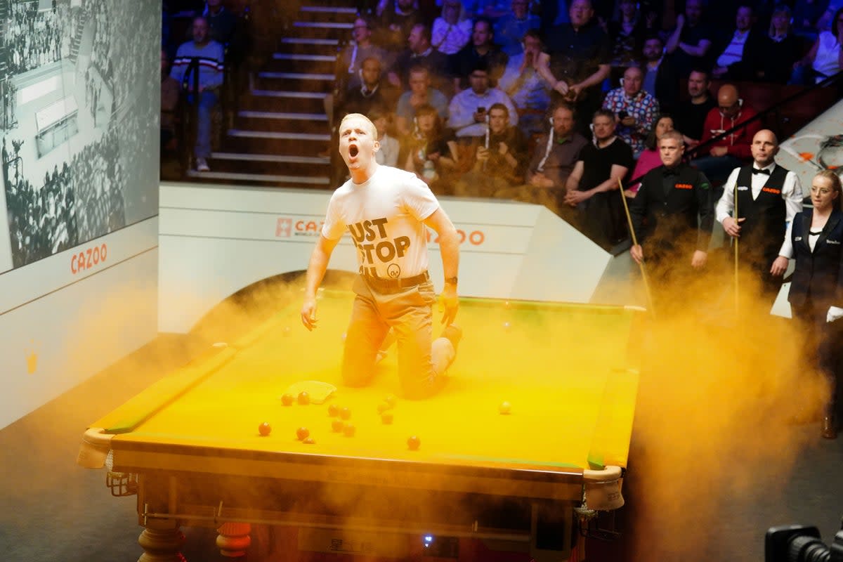 A protester disrupted play at the World Snooker Championship (Mike Egerton/PA) (PA Wire)