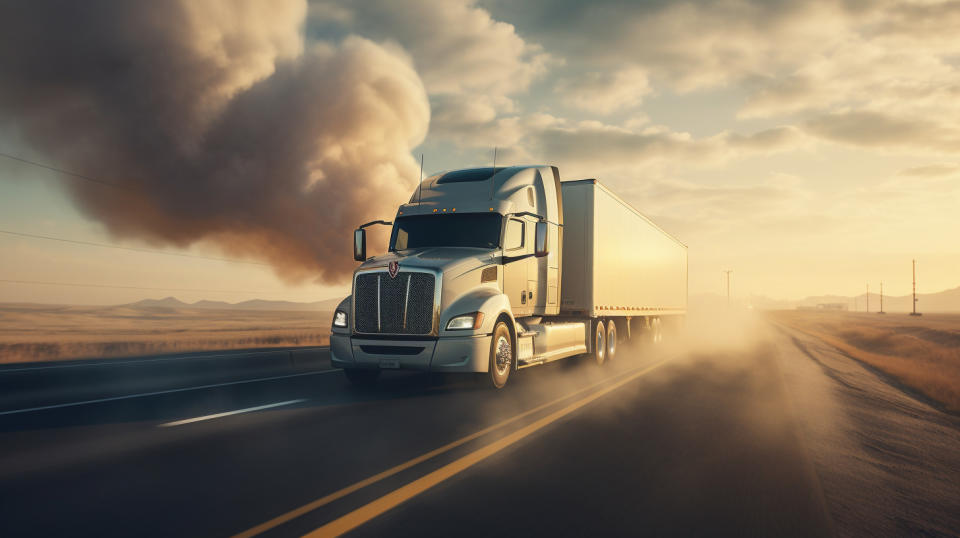 A truck on a highway, its exhausts billowing in the air.