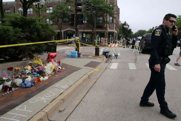 PHOTO: In this July 6, 2022, file photo, the area is blocked off by police where the deadly shooting occurred during an annual 4th of July parade on Central Avenue in Highland Park, Ill. (Alexandra Buxbaum/Sipa USA via AP, FILE)