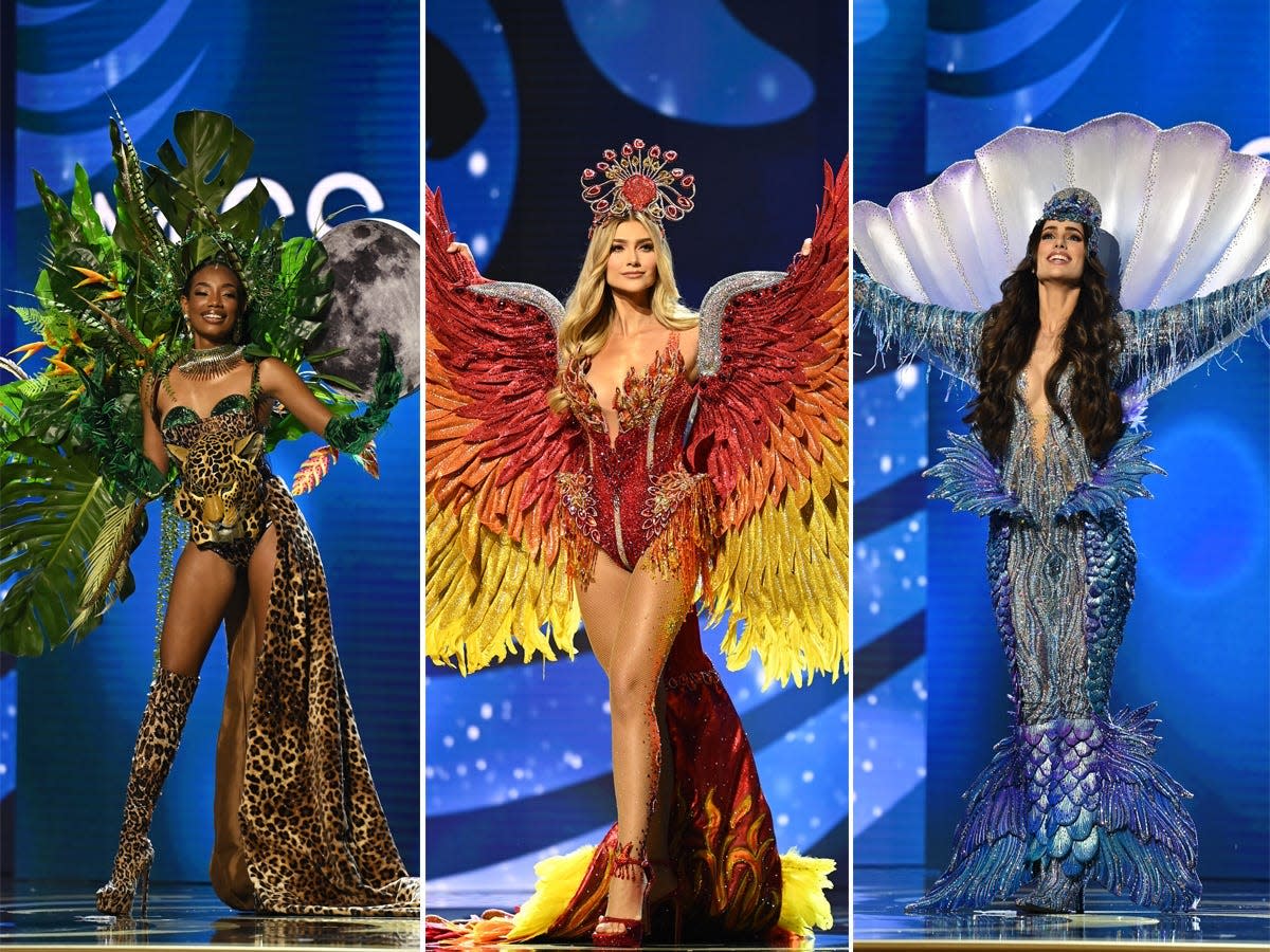 Three contestants pose in the 2023 Miss Universe Costume Contest.