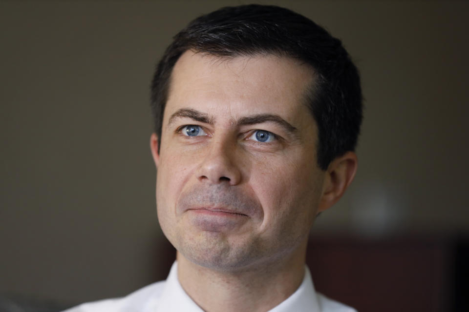 Democratic presidential candidate South Bend, Ind., Mayor Pete Buttigieg speaks during an interview with The Associated Press, Monday, Dec. 30, 2019, in Fort Madison, Iowa. (AP Photo/Charlie Neibergall)