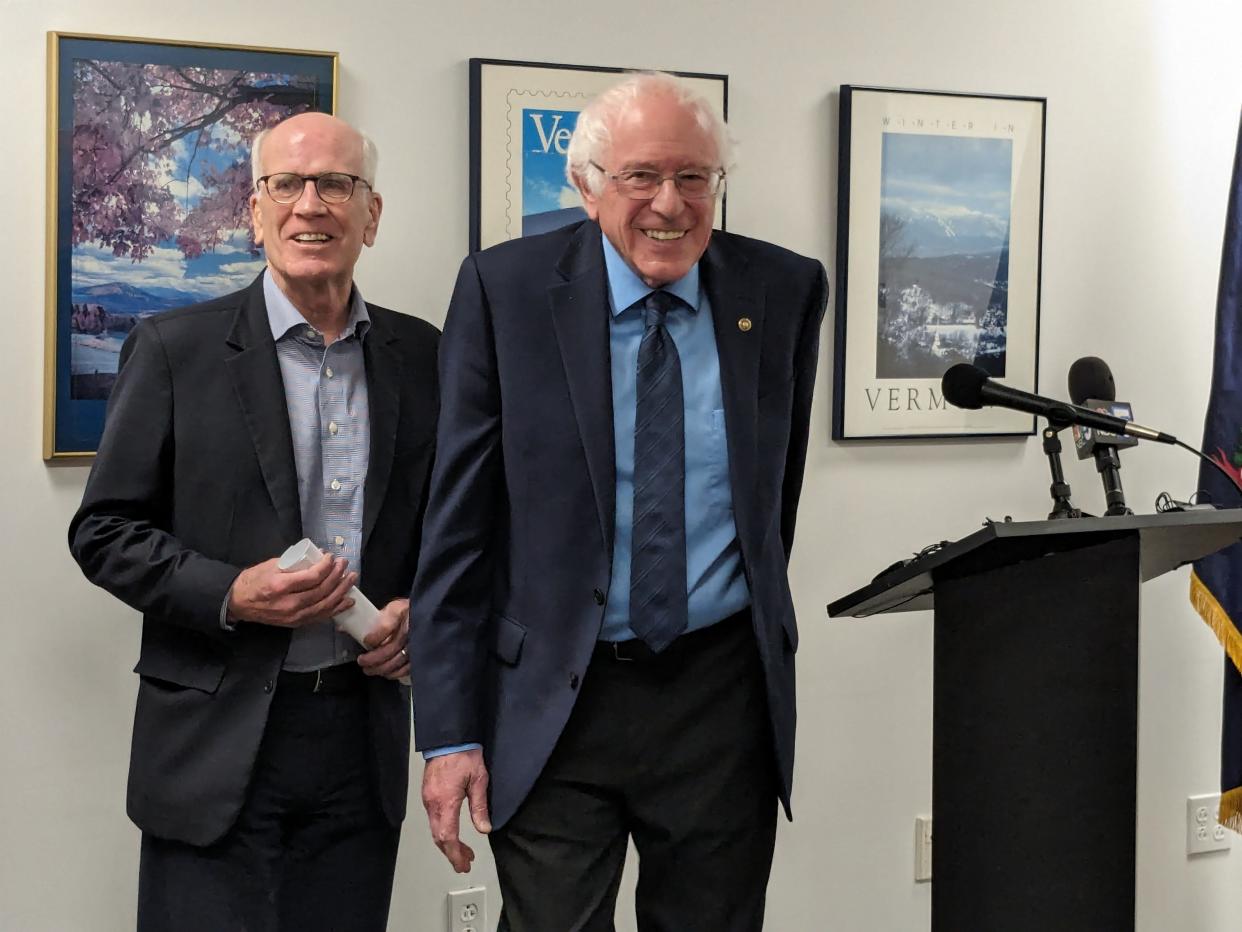 U.S Sens. Bernie Sanders and Peter Welch during a March 18, 2024 press conference about federal funding.