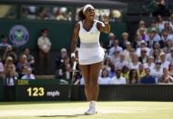 Serena Williams of the U.S.A reacts during her Women's Final match against Garbine Muguruza of Spain at the Wimbledon Tennis Championships in London, July 11, 2015. REUTERS/Toby Melville