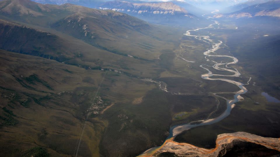 An aerial view of the Kutuk River in Alaska’s Gates of the Arctic National Park, where a portion<br />of the water is rust-stained. - Ken Hill/National Park Service