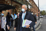 Chief EU negotiator Michel Barnier arrives at St Pancras station, in London, Wednesday, Sept. 23, 2020. Michel Barnier is due to hold talks with his British counterpart David Frost in London Wednesday ahead of a ninth formal round of negotiations next week. (AP Photo/Alberto Pezzali)