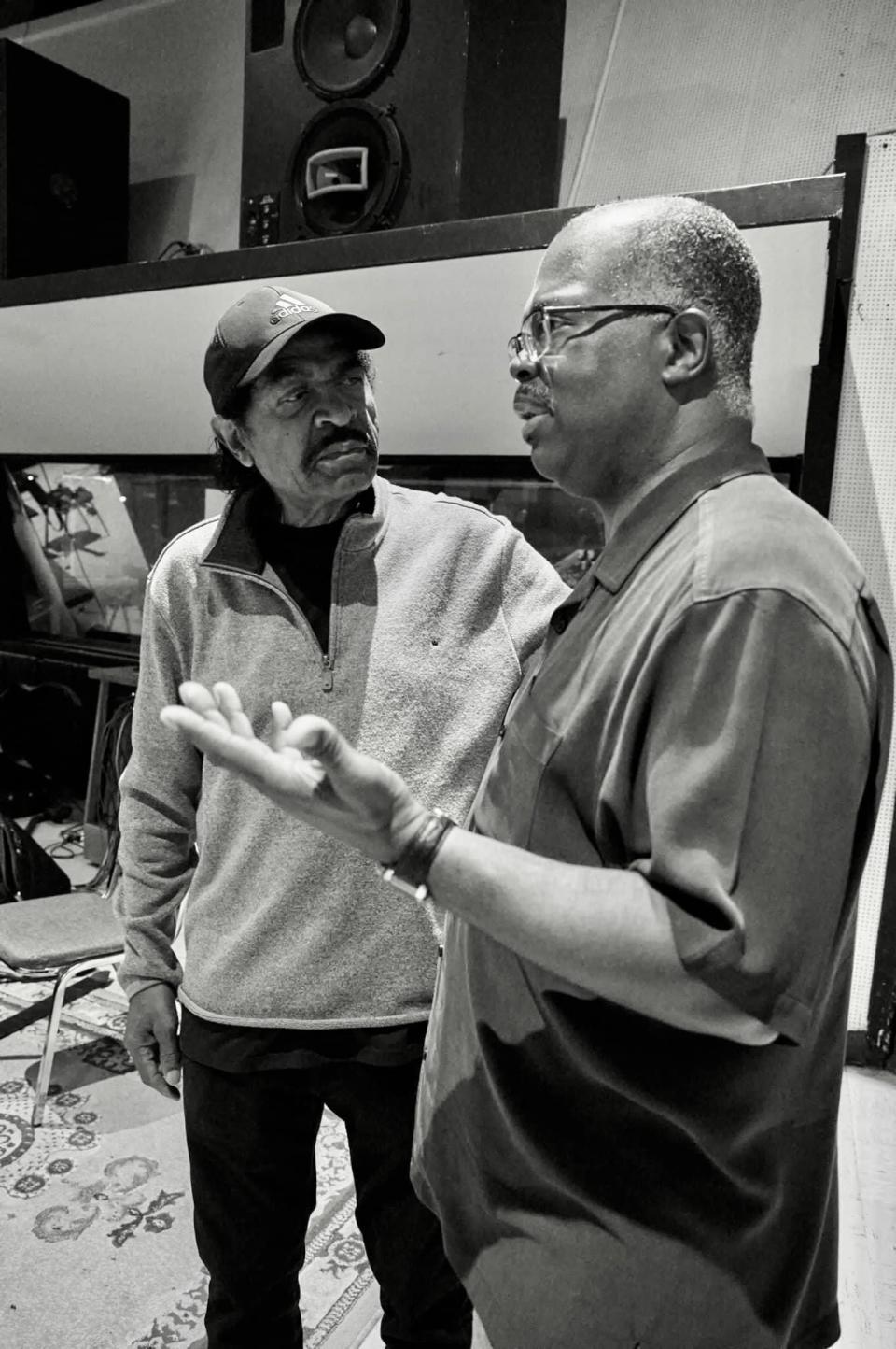 Scotty Barnhart, right, talks with Bobby Rush during recordings for the Count Basie Orchestra's new album, “The Count Basie Orchestra Swings the Blues,” being released Sept 15, 2023.