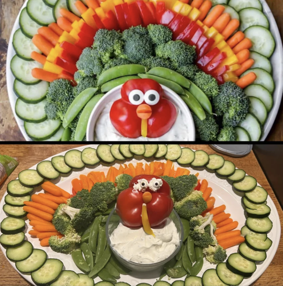 A platter of fresh veggies (including cucumbers, bell peppers, baby carrots, and broccoli) neatly cut up and arranged, with a red bell pepper with a face formed by other cut-up veggies in the center, and the person's less neat version below the photo