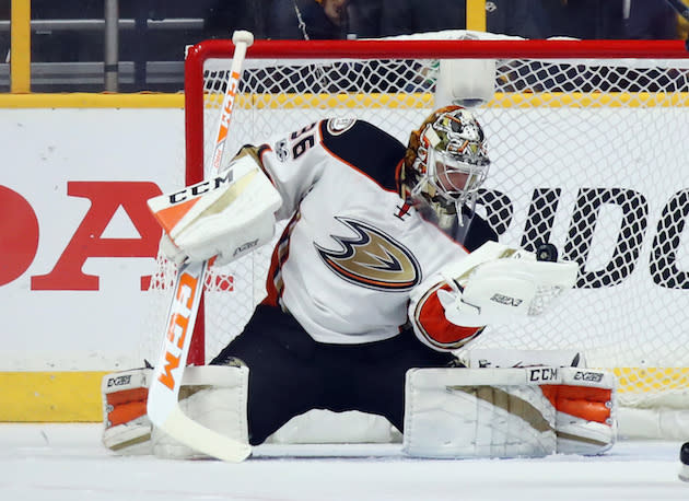 NASHVILLE, TN – MAY 18: John Gibson #36 of the Anaheim Ducks tends net against the Nashville Predators in Game Four of the Western Conference Final during the 2017 NHL Stanley Cup Playoffs at the Bridgestone Arena on May 18, 2017 in Nashville, Tennessee. The Ducks defeated the Predators 3-2 in overtime. (Photo by Bruce Bennett/Getty Images)