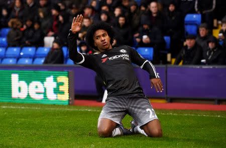 Football Soccer - Crystal Palace v Chelsea - Barclays Premier League - Selhurst Park - 3/1/16 Willian celebrates after scoring the second goal for Chelsea Reuters / Dylan Martinez Livepic