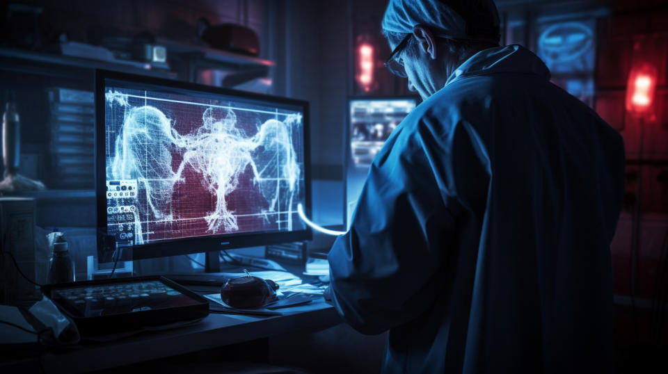 A healthcare professional in front of a console, monitoring the progress of a transplant patient.