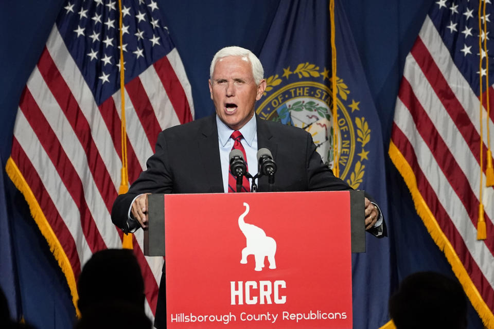 Former Vice President Mike Pence speaks at the annual Hillsborough County NH GOP Lincoln-Reagan Dinner, Thursday, June 3, 2021, in Manchester, N.H. (AP Photo/Elise Amendola)