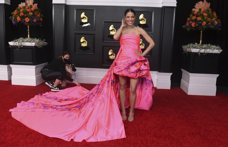 Debi Nova arrives at the 63rd annual Grammy Awards at the Los Angeles Convention Center on Sunday, March 14, 2021. (Photo by Jordan Strauss/Invision/AP)