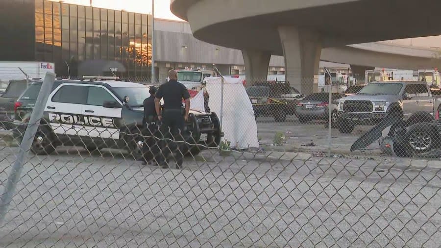 Two people were killed and another seriously hurt after two vehicles flew off an exit ramp and into a Los Angeles International Airport parking lot on Saturday, June 22, 2024. (KTLA)