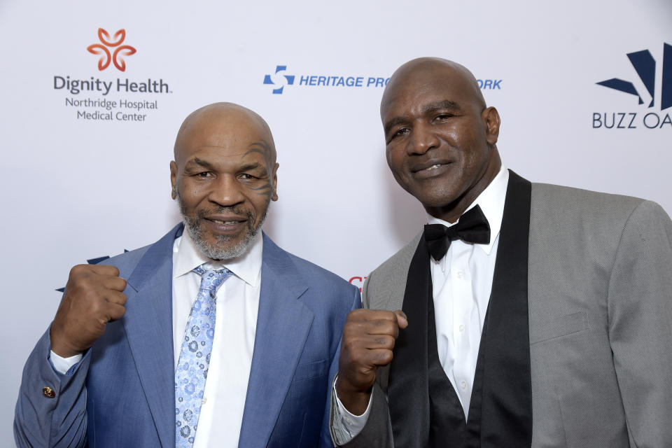 BEVERLY HILLS, CALIFORNIA - AUGUST 09: Heavyweight boxing legends Mike Tyson and Evander Holyfield attend the 19th annual Harold and Carole Pump Foundation Gala at The Beverly Hilton Hotel on August 09, 2019 in Beverly Hills, California. (Photo by Michael Tullberg/Getty Images)