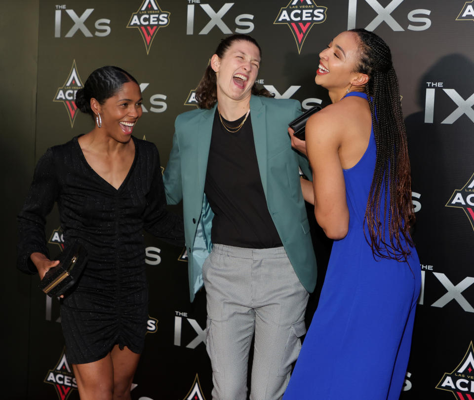 Sydney Colson, Theresa Plaisance and Kiah Stokes joke around during a red carpet event in 2022. (Photo by Ethan Miller/Getty Images)