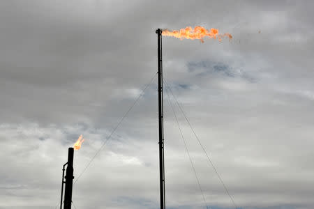 Natural gas flares off at a production facility owned by Exxon near Carlsbad, New Mexico U.S., February 11, 2019. Picture taken February 11, 2019. To match Insight USA-SHALE/MAJORS . REUTERS/Nick Oxford