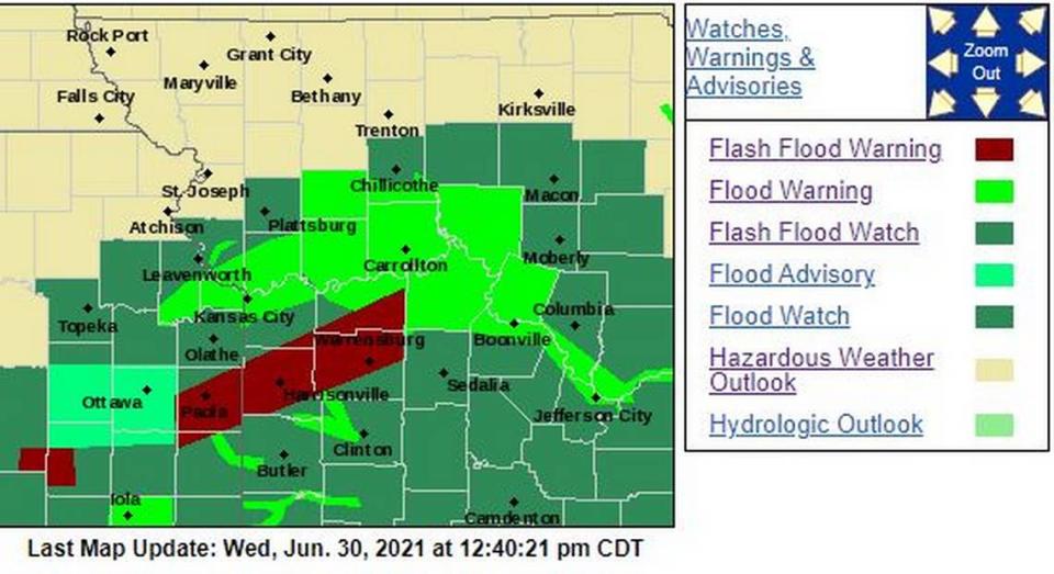 A flash flood warning has been issued for regions south of the Kansas City metro until 4 p.m. Wednesday.