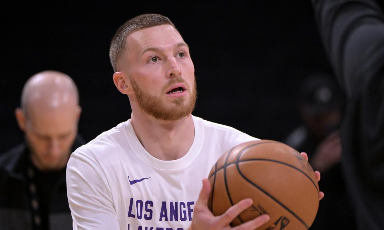 Jan 15, 2024; Los Angeles, California, USA; Los Angeles Lakers guard Dylan Windler (20) warms up prior to the game against the Oklahoma City Thunder at Crypto.com Arena. Mandatory Credit: Jayne Kamin-Oncea-USA TODAY Sports