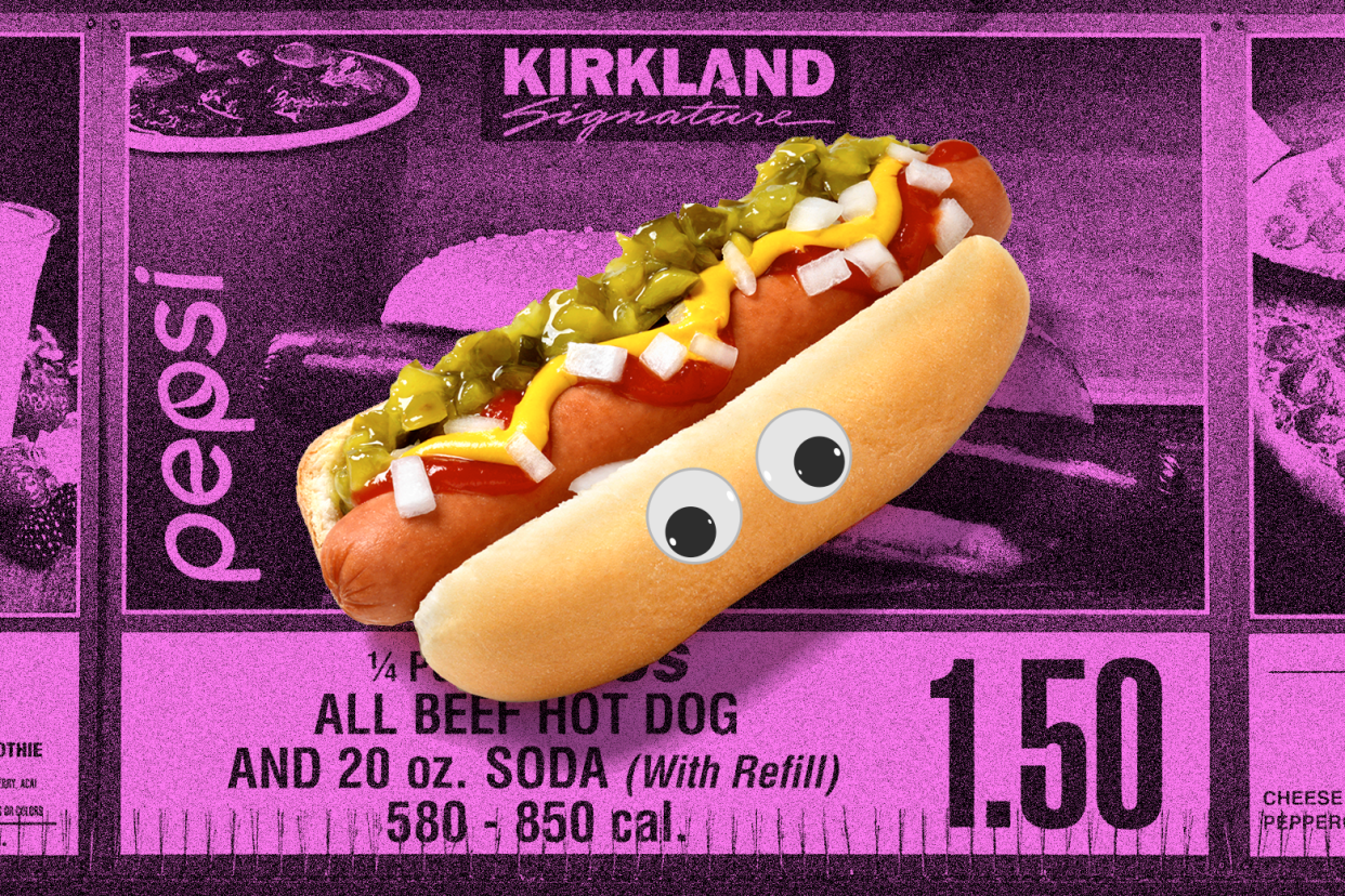 A hot dog with mustard, diced onions, and relish, as well as a pair of googly eyes, over a background of a purple-tinted Kirkland Signature menu advertising Costco's $1.50 hot dog and drink special.