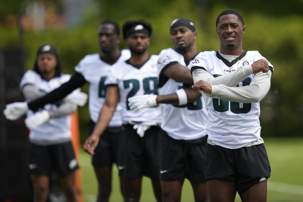 Philadelphia Eagles' Quinyon Mitchell participates in a drill during NFL rookie minicamp at the football team's training facility, Friday, May 3, 2024, in Philadelphia. (AP Photo/Matt Slocum)
