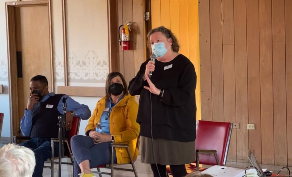 Connections for the Homeless Executive Director Betty Bogg answered questions from attendees at a March 13 community meeting to discuss the Evanston-based nonprofit's operations at the Margarita Inn hotel at 1566 Oak St. (Dan Coyne/via video)