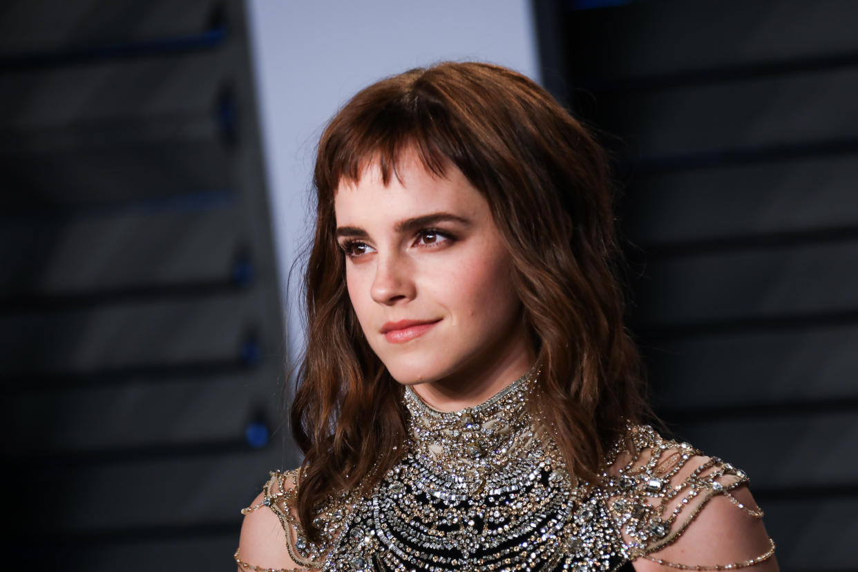 Emma Watson walking on the red carpet at the 2018 Vanity Fair Oscar Party hosted by Radhika Jones held at the Wallis Annenberg Center for the Performing Arts in Beverly Hills on March 4, 2018. (Photo by JC Olivera/Sipa USA)