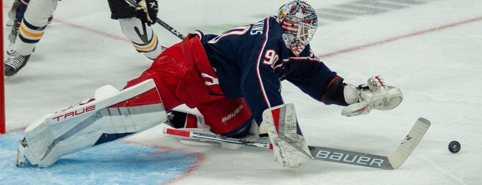 Sep 24, 2023; Columbus, OH, USA;
Columbus Blue Jackets goaltender Elvis Merzlikins (90) saves the puck during their game against the Pittsburgh Penguins on Sunday, Sept. 24, 2023 at Nationwide Arena.