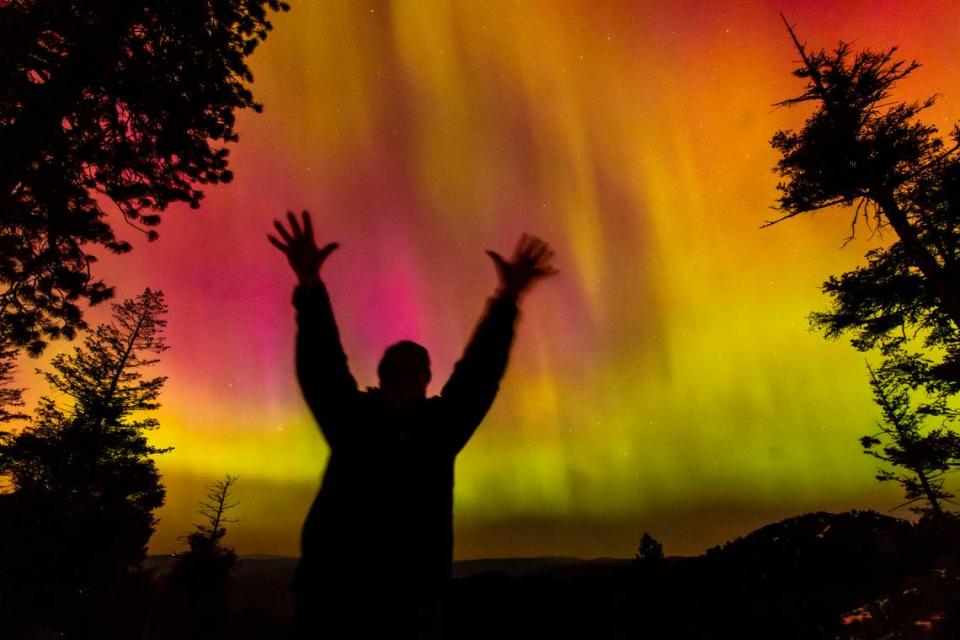 A rare view of the northern lights appeared near Boise, Friday, May 10, 2024. The phenomenon was made possible by a large solar storm interacting with the Earth’s magnetic field, creating glowing atmospheric gases.