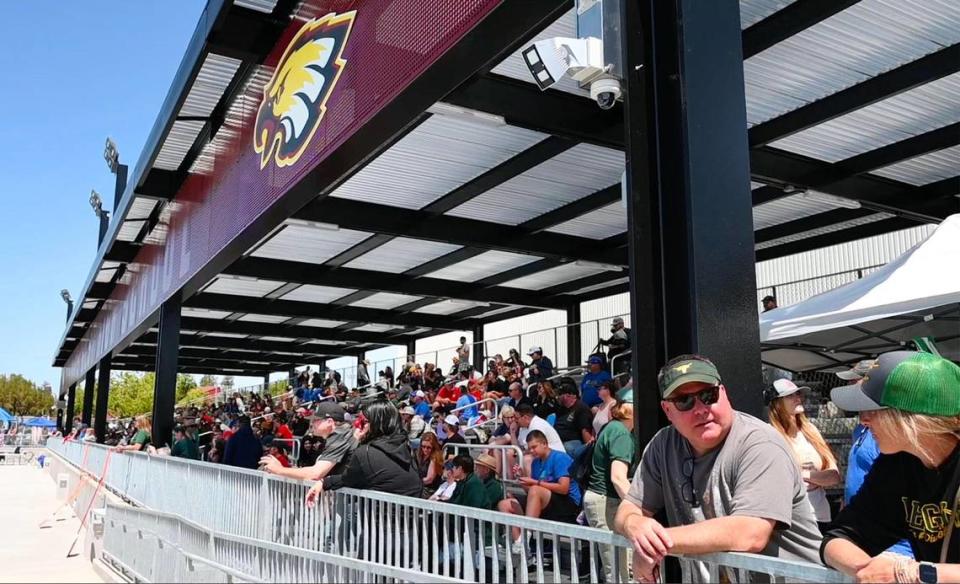 A new shade canopy for spectators is one of the new features Clovis Unified’s Olympic Swim Complex at Clovis West offers after almost a year of renovation and construction. Photographed Saturday, April 15, 2023 in Fresno. ERIC PAUL ZAMORA/ezamora@fresnobee.com