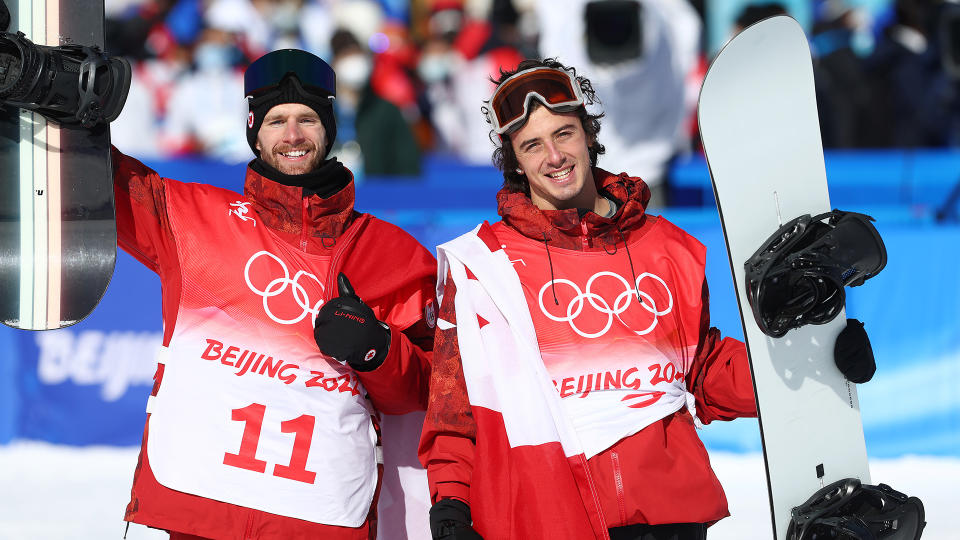 Max Parrot, left, won Canada's first gold medal of the Beijing Olympics. (Photo by Clive Rose/Getty Images)