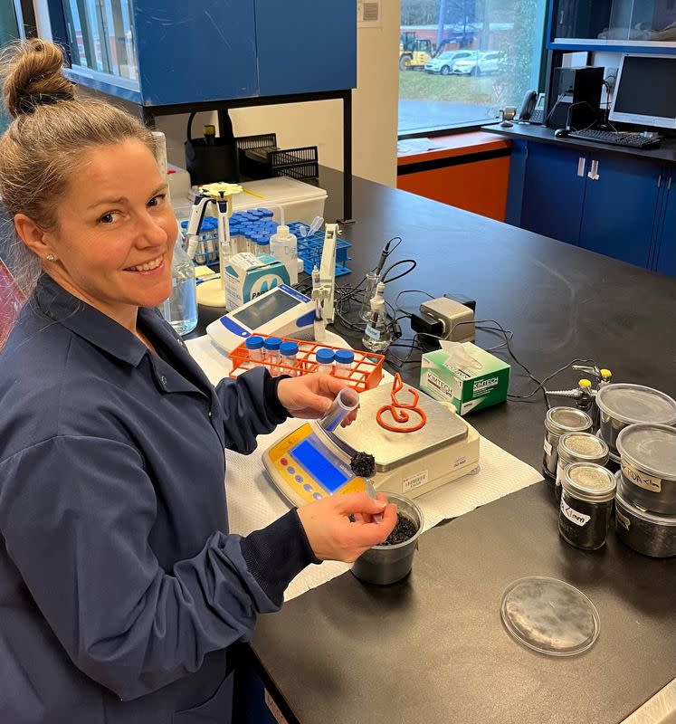 Scientist Vicky Levesque weighs biochar samples to measure the pH at Kentville Research Development Centre, in Kentville Nova Scotia