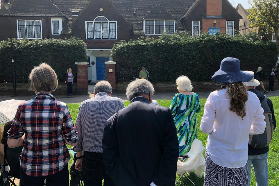 LONDON, UNITED KINGDOM - APRIL 21:  Anti-abortion protesters hold a vigil outside the Marie Stopes Clinic in Ealing on April 21, 2018 in London, England. Ealing council have voted in favour of implementing a buffer zone around the Marie Stopes abortion Clinic to protect service users from distress and intimidation. The vote, in response to a public consultation, could pave the way  for other councils around the country to take similar action. (Photo by Jim Dyson/Getty Images)