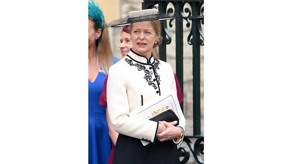 Lady Helen Taylor in a white outfit with black detailling around the neckline