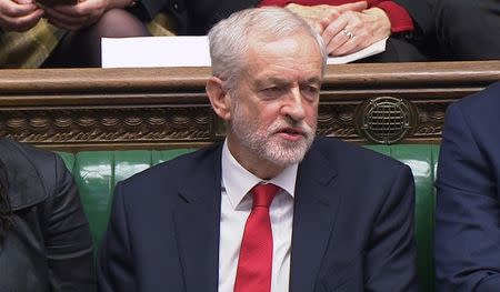 Jeremy Corbyn, the leader of the Labour Party, reacts during Prime Minister's Questions in the House of Commons, London, Britain, December 19, 2018. Parliament TV handout via REUTERS