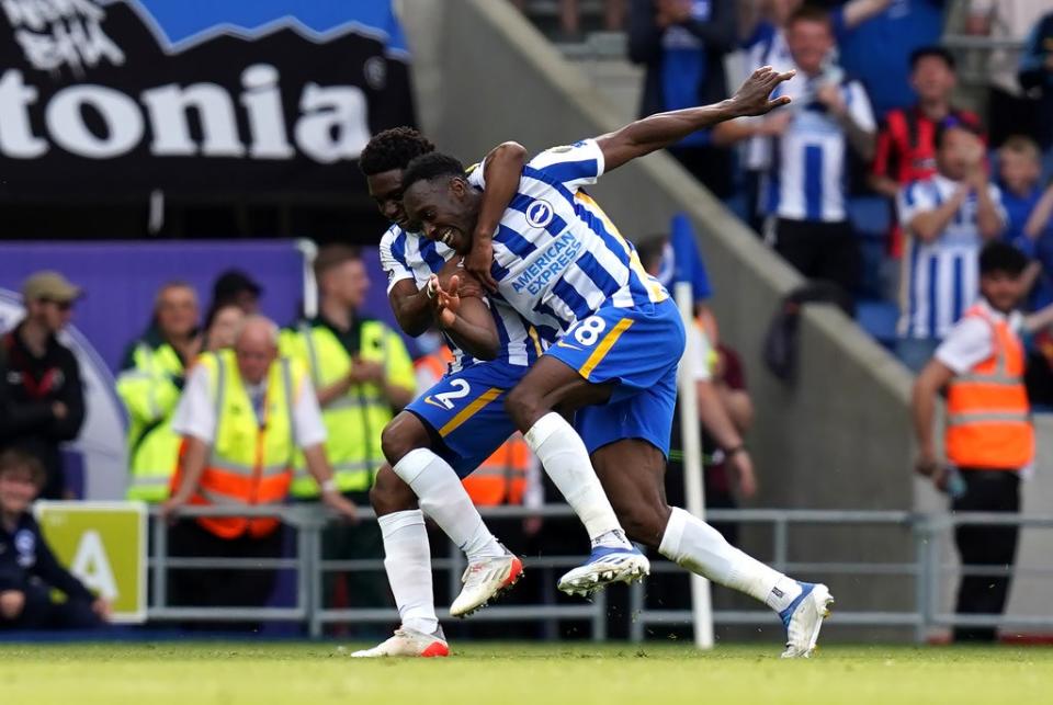 Danny Welbeck celebrates Brighton’s third goal against West Ham (Gareth Fuller/PA). (PA Wire)